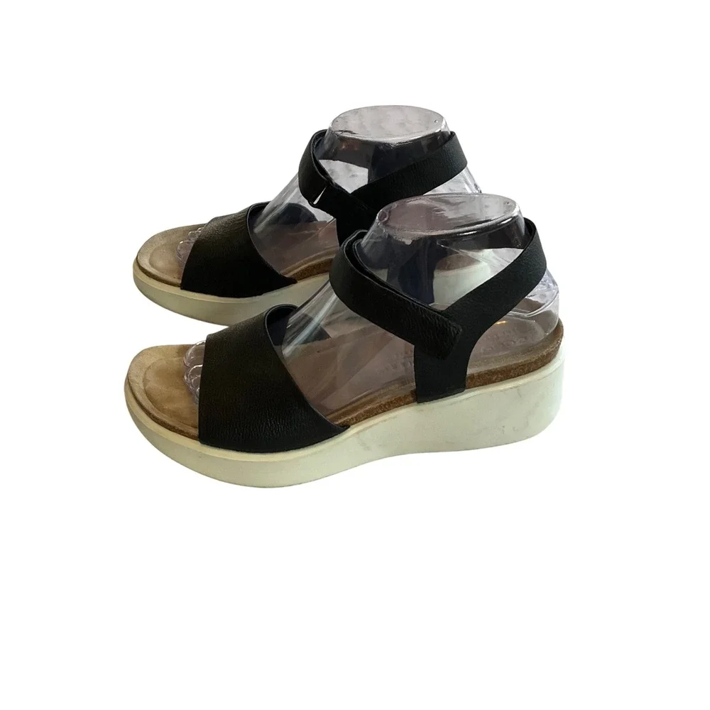 ECCO Corksphere Sandal Womens 8-8.5 Black Leather Wedge Platform‎ Ankle Strap